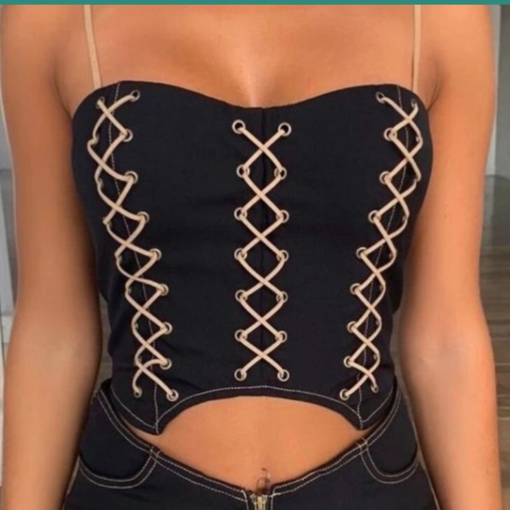 I.AM.GIA Black and Beige Lace-Up Crop Top